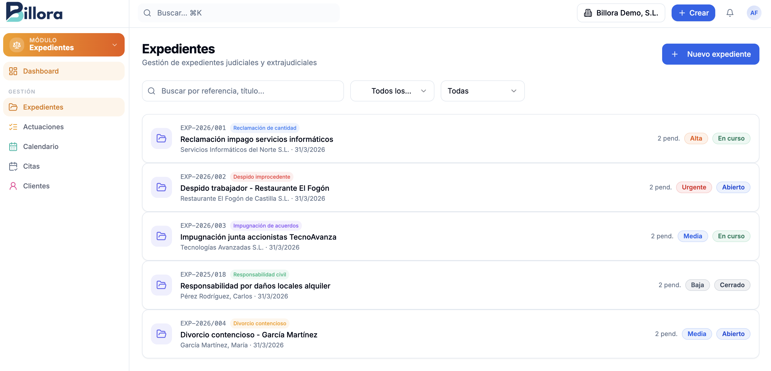 Listado de expedientes